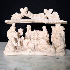 Vtg Alabaster Resin Nativity Scene One Piece Angels Gloria In Excelsis Deo Pabo